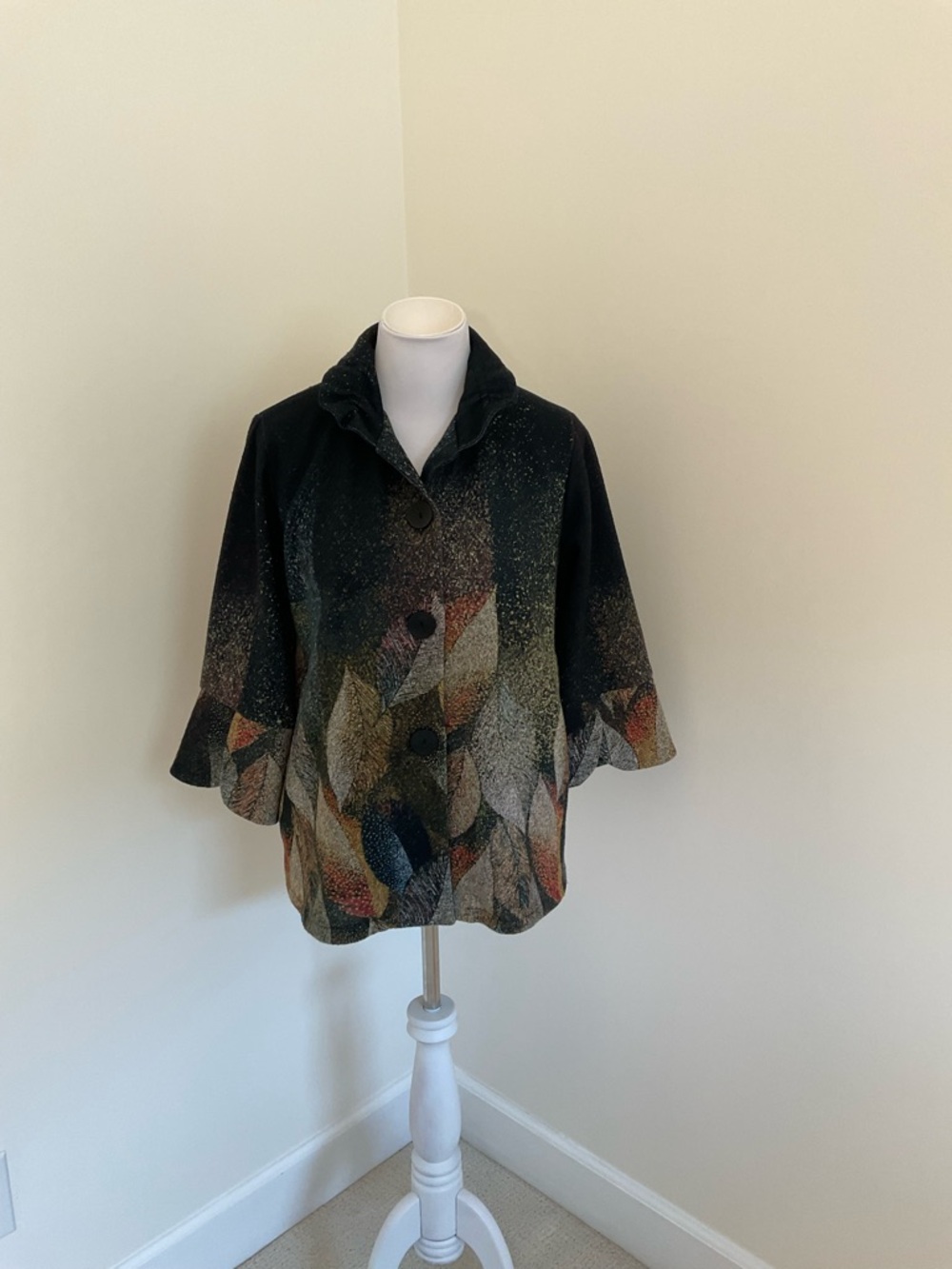 Damee Multicolor Flecked Confetti Black Leaf Print Jacket